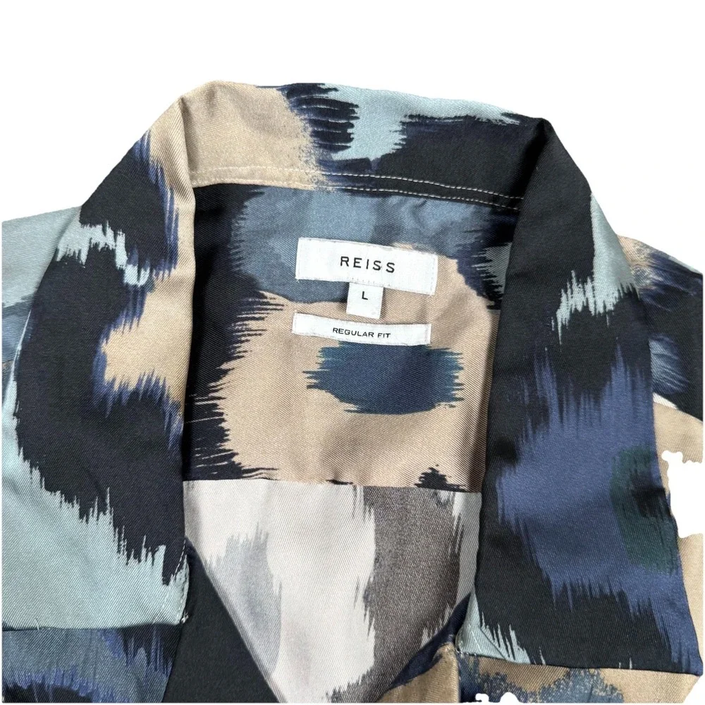 REISS Fangio Shirt Mens Large Floral Abstract‎ Ikat Print Blue Tan Cuban Collar